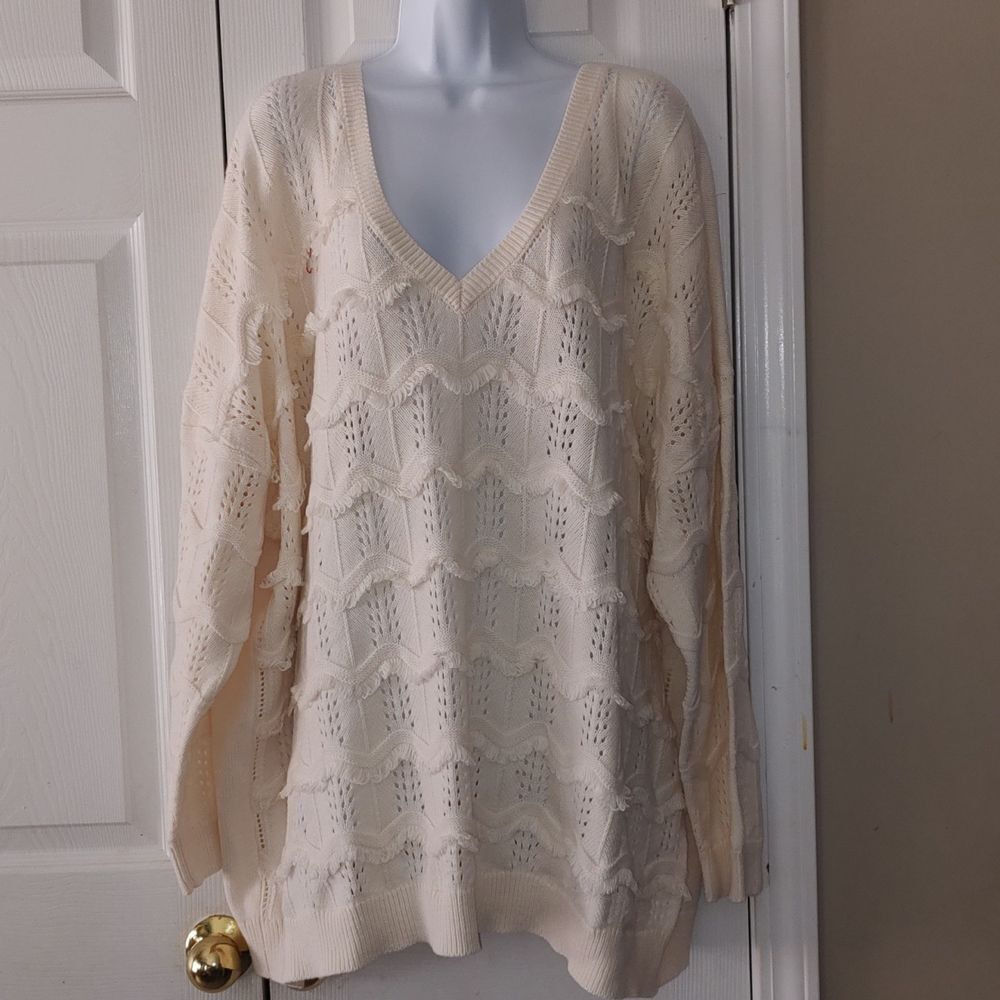 Evri Blue Self Wavy Fringe Strip Long Sleeve V-Neck Sweater Sz 4X